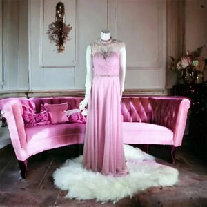 INtrigue by Blush Size 10 Pink Chiffon Grecian Formal Dress Hand Beaded Bodice